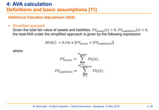 M. Bianchetti - Prudent Valuation – Global Derivatives – Budapest, 10 May 2016 p. 94
4: AVA calculation
Definitions and basic assumptions [11]
Additional Valuation Adjustment (AVA)
 Simplified approach
Given the total fair value of assets and liabilities, 𝐹𝑉𝐴𝑠𝑠𝑒𝑡𝑠 𝑡 > 0, 𝐹𝑉𝐿𝑖𝑎𝑏𝑖𝑙𝑖𝑡𝑖𝑒𝑠 𝑡 < 0,
the total AVA under the simplified approach is given by the following expression
𝐴𝑉𝐴 𝑡 = 0.1% × 𝐹𝑉𝐴𝑠𝑠𝑒𝑡𝑠 + 𝐹𝑉𝐿𝑖𝑎𝑏𝑖𝑙𝑖𝑡𝑖𝑒𝑠
where
𝐹𝑉𝐴𝑠𝑠𝑒𝑡𝑠 ≔ ෍
𝑖=1
𝑁 𝐴𝑠𝑠𝑒𝑡𝑠
𝐹𝑉𝑖 𝑡 ,
𝐹𝑉𝐿𝑖𝑎𝑏𝑖𝑙𝑖𝑡𝑖𝑒𝑠 ≔ ෍
𝑖=1
𝑁 𝐿𝑖𝑎𝑏𝑖𝑙𝑖𝑡𝑖𝑒𝑠
𝐹𝑉𝑖 𝑡 .
 