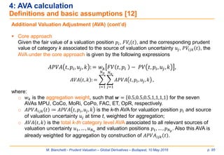 M. Bianchetti - Prudent Valuation – Global Derivatives – Budapest, 10 May 2016 p. 95
4: AVA calculation
Definitions and basic assumptions [12]
Additional Valuation Adjustment (AVA) (cont’d)
 Core approach
Given the fair value of a valuation position 𝑝𝑖, 𝐹𝑉𝑖 𝑡 , and the corresponding prudent
value of category k associated to the source of valuation uncertainty 𝑢𝑗, 𝑃𝑉𝑖𝑗𝑘 𝑡 , the
AVA under the core approach is given by the following expressions
𝐴𝑃𝑉𝐴 𝑡, 𝑝𝑖, 𝑢𝑗, 𝑘 : = 𝑤 𝑘 𝐹𝑉 𝑡, 𝑝𝑖 − 𝑃𝑉 𝑡, 𝑝𝑖, 𝑢𝑗, 𝑘 ,
𝐴𝑉𝐴 𝑡, 𝑘 : = ෍
𝑖=1
𝑁 𝑝
෍
𝑗=1
𝑁 𝑢
𝐴𝑃𝑉𝐴 𝑡, 𝑝𝑖, 𝑢𝑗, 𝑘 ,
where:
o 𝑤 𝑘 is the aggregation weight, such that 𝒘 = 0.5,0.5,0.5,1,1,1,1 for the seven
AVAs MPU, CoCo, MoRi, CoPo, FAC, ET, OpR, respectively.
o 𝐴𝑃𝑉𝐴𝑖𝑗𝑘 𝑡 ≔ 𝐴𝑃𝑉𝐴 𝑡, 𝑝𝑖, 𝑢𝑗, 𝑘 is the k-th AVA for valuation position 𝑝𝑖 and source
of valuation uncertainty 𝑢𝑗 at time t, weighted for aggregation;
o 𝐴𝑉𝐴 𝑡, 𝑘 is the total k-th category level AVA associated to all relevant sources of
valuation uncertainty 𝑢1, … , 𝑢 𝑁 𝑢
and valuation positions 𝑝1, … , 𝑝 𝑁 𝑝
. Also this AVA is
already weighted for aggregation by construction of 𝐴𝑃𝑉𝐴𝑖𝑗𝑘 𝑡 .
 