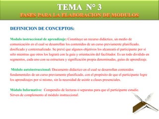 TEMA  N° 3FASES PARA LA ELABORACION DE MODULOSDEFINICION DE CONCEPTOS:Modulo instruccional de aprendizaje: Constituye un recurso didáctico, un medio decomunicación en el cual se desarrollan los contenidos de un curso previamente planificado,dosificado y contextualizado. Se prevé que algunos objetivos los alcanzará el participante por sísólo mientras que otros los logrará con la guía y orientación del facilitador. Es un todo dividido ensegmentos, cada uno con su estructura y significación propia denominadas, guías de aprendizaje. Módulo autoinstruccional: Documento didáctico en el cual se desarrollan contenidosfundamentales de un curso previamente planificado, con el propósito de que el participante logrelos aprendizajes por si mismo, sin la necesidad de asistir a clases presenciales.Módulo Informativo:Compendio de lecturas o separatas para que el participante estudie. Sirven de complemento al módulo instruccional.