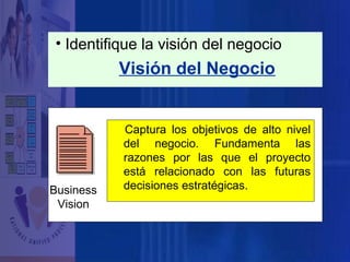 • Identifique la visión del negocio

Visión del Negocio

Business
Vision

Captura los objetivos de alto nivel
del negocio. Fundamenta las
razones por las que el proyecto
está relacionado con las futuras
decisiones estratégicas.

 