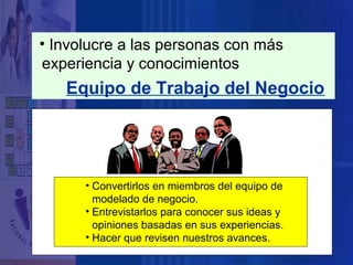 • Involucre a las personas con más
experiencia y conocimientos

Equipo de Trabajo del Negocio

• Convertirlos en miembros del equipo de
modelado de negocio.
• Entrevistarlos para conocer sus ideas y
opiniones basadas en sus experiencias.
• Hacer que revisen nuestros avances.

 
