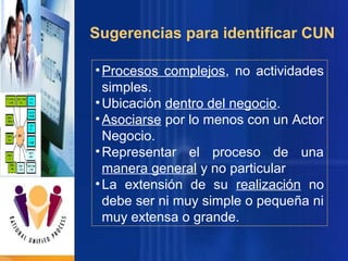 Sugerencias para identificar CUN
• Procesos complejos, no actividades
simples.
• Ubicación dentro del negocio.
• Asociarse por lo menos con un Actor
Negocio.
• Representar el proceso de una
manera general y no particular
• La extensión de su realización no
debe ser ni muy simple o pequeña ni
muy extensa o grande.

 