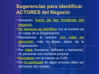 Sugerencias para identificar
ACTORES del Negocio
• Ubicación fuera de las fronteras del

negocio.
• No siempre se identifica con el nombre de
un cargo de la Organización
• Representar el nombre con roles de
ejecución, más no áreas, dptos. de la
Organización.
• Por roles (humanos, software o hardware),
no personas con nombres propios.
• Asociarse con al menos un CUN
• De no participar en algún proceso debe ser
eliminado del modelo.

 