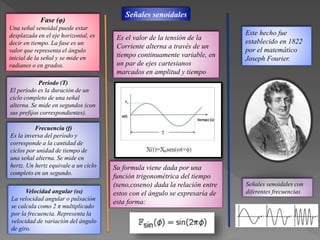 Señales senoidales
Señales senoidales con
diferentes frecuencias
Este hecho fue
establecido en 1822
por el matemático
Joseph Fourier.
Es el valor de la tensión de la
Corriente alterna a través de un
tiempo continuamente variable, en
un par de ejes cartesianos
marcados en amplitud y tiempo
Su formula viene dada por una
función trigonométrica del tiempo
(seno,coseno) dada la relación entre
estos con el ángulo se expresaría de
esta forma:
Fase (φ)
Una señal senoidal puede estar
desplazada en el eje horizontal, es
decir en tiempo. La fase es un
valor que representa el ángulo
inicial de la señal y se mide en
radianes o en grados.
Período (T)
El período es la duración de un
ciclo completo de una señal
alterna. Se mide en segundos (con
sus prefijos correspondientes).
Frecuencia (f)
Es la inversa del período y
corresponde a la cantidad de
ciclos por unidad de tiempo de
una señal alterna. Se mide en
hertz. Un hertz equivale a un ciclo
completo en un segundo.
Velocidad angular (ω)
La velocidad angular o pulsación
se calcula como 2 π multiplicado
por la frecuencia. Representa la
velocidad de variación del ángulo
de giro.
 