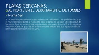 PLAYAS CERCANAS:
AL NORTE EN EL DEPARTAMENTO DE TUMBES:
 Punta Sal :
Es un balneario pequeño con buena infraestructura hotelera. La superficie de su playa
es muy irregular, llegando la marea alta hasta el borde de las casas ubicadas al sur del
balneario. Durante la marea baja quedan expuestas playas de arena fina. Debido a su
ubicación, Punta Sal goza de sol brillante durante todo el año. Sus aguas son cálidas,
sobre pasando generalmente los 20ºC.
 
