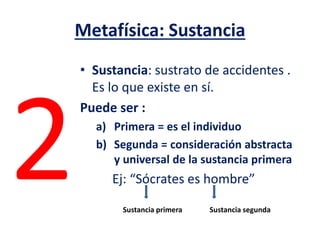 Metafísica: Sustancia
• Sustancia: sustrato de accidentes .
Es lo que existe en sí.
Puede ser :
a) Primera = es el individuo
b) Segunda = consideración abstracta
y universal de la sustancia primera
Ej: “Sócrates es hombre”
Sustancia primera Sustancia segunda
 
