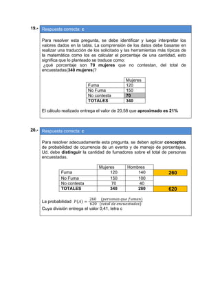 19.- Respuesta correcta: c
 
Para resolver esta pregunta, se debe identificar y luego interpretar los
valores dados en la tabla. La comprensión de los datos debe basarse en
realizar una traducción de los solicitado y las herramientas más típicas de
la matemática como los es calcular el porcentaje de una cantidad, esto
significa que lo planteado se traduce como:
¿qué porcentaje son 70 mujeres que no contestan, del total de
encuestadas(340 mujeres)?
Mujeres
Fuma 120
No Fuma 150
No contesta 70
TOTALES 340
El cálculo realizado entrega el valor de 20,58 que aproximado es 21%
 
 
20.- Respuesta correcta: c
 
Para resolver adecuadamente esta pregunta, se deben aplicar conceptos
de probabilidad de ocurrencia de un evento y de manejo de porcentajes.
Ud. debe distinguir la cantidad de fumadores sobre el total de personas
encuestadas.
Mujeres Hombres
Fuma 120 140 260
No Fuma 150 100
No contesta 70 40
TOTALES 340 280 620
La probabilidad
	260					 	 	
620			 	 	
Cuya división entrega el valor 0,41, letra c
 
 
 
 
 
 
 
 