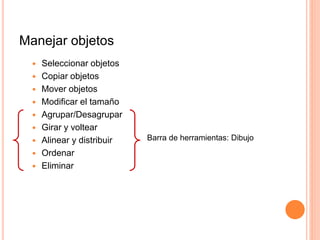 Manejar objetos
 Seleccionar objetos
 Copiar objetos
 Mover objetos
 Modificar el tamaño
 Agrupar/Desagrupar
 Girar y voltear
 Alinear y distribuir
 Ordenar
 Eliminar
Barra de herramientas: Dibujo
 