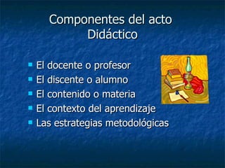 Componentes del acto  Didáctico El docente o profesor  El discente o alumno  El contenido o materia  El contexto del aprendizaje  Las estrategias metodológicas  