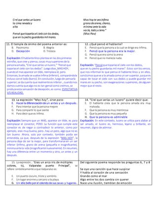 Creí que serías un lucero
la cima nevada y
alta
Pensé quetoparíasel cielo con losdedos,
que en tu pecho guardaríasmil mares.
Mas hoy te veo ínfima
grano dearena, charco,
mínima ante la vida
vacía, lodo y cieno.”
(Mac Piov)
11. El temple de ánimo del poema anterior es:
B. Pesimismo B. Alegría
D. Decepción D. Tristeza
Explicación: Elhablantelírico plantea en las dosprimeras
estrofas, que cree y piensa, cosas muy superioresde la
personaamada, “Creí que serías unlucero,” “Pensé que
toparíasel cielo con los dedos”. Luegodice, MASHOY,
cuandoel mas aparece sin tilde, reemplaza el, pero.
Entonces, la amada se vuelve ínfima (inferior), comparándola
incluso conel lodo (barro). En conclusión, luegode pensarla
superior, se da cuenta que realmente es inferior., cuandonos
damoscuenta quealgo no es tan genial como creímos, se
produceesta sensación de decepción, es como, ESPECTATIVA
V/S REALIDAD.
12. ¿Qué pensó el hablante?
E. Pensó que la persona a la cual se dirige era ínfima.
F. Pensó que la persona era la mejor.
G. Pensó que era como la arena
H. Pensó que no merecía nada.
Explicación:“Penséquetoparíasel cielo conlos dedos,
que en tu pecho guardarías mil mares”. Estos son los versos,
que nos informan lo que piensa el hablante lírico y en ellos,
concluimosqueve a la amadacomounser superior, yaque es
capaz de tocar el cielo con sus dedos y puede guardar mil
mares en su pecho, son exageraciones superiores, de alguien
mejor que el resto.
13. La expresión “Mas hoy”, sirve para:
E. Hacer la diferenciaciónde un antes y un después.
F. Para intentar que la persona mejore
G. Para compartir lo que siente
H. Para decir que es ínfima.
Explicación: Siempre que un MAS, aparece sin tilde, es para
reemplazar el conector, PERO. La función que cumple este
conector es de negar o contradecir lo anterior, como por
ejemplo, eres muy buena, pero…hay un pero, algo que no es
tan bueno. Ahora, solo por contexto, también podía ser
entendida, ya que, después de la expresión “MAS HOY”, la
persona deja de ser la mejor, para transformarse en un ser
inferior (ínfimo, grano de arena (pequeña e insignificante),
mínima antela vida (insignificante nuevamente). En resumen,
hay una diferencia entre un momento y otro, un antes y un
después.
14. “Creí que serías un lucero” quiere decir que:
E. El hablante creía que la persona amada era muy
malvada.
F. Que la persona es muy mentirosa
G. Que la persona es muy pequeña
H. Que la persona es admirable
Explicación: En este contexto, lucero se utiliza para alabar al
ser amado, el lucero es, hermoso, lejano y brillante, en
resumen, digno de admirar.
15. La expresión… “Eres un arco iris de múltiples
colores, tú, Valparaíso puerto Principal”, se
refiere simbólicamente a que Valparaíso es:
E. Un puerto oscuro, triste y sombrío.
F. Un lugar enorme y cercano a la playa.
G. Un sitio bello por el coloridode sus casas y lugares.
Del siguiente poema responde las preguntas 6, 7 y 8
Se oye una canción que hace suspirar
Y habla al corazón de una sensación
Grande como el mar
Algo entre los dos cambia sin querer
Nace una ilusión, tiemblan de emoción
 