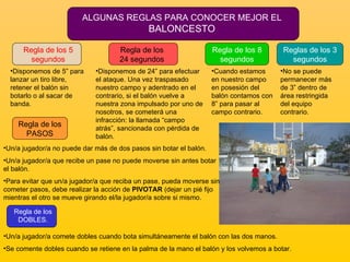 ALGUNAS REGLAS PARA CONOCER MEJOR EL  BALONCESTO Disponemos de 5” para lanzar un tiro libre, retener el balón sin botarlo o al sacar de banda. Disponemos de 24” para efectuar el ataque. Una vez traspasado nuestro campo y adentrado en el contrario, si el balón vuelve a nuestra zona impulsado por uno de nosotros, se cometerá una infracción: la llamada “campo atrás”, sancionada con pérdida de balón. Cuando estamos en nuestro campo en posesión del balón contamos con 8” para pasar al campo contrario.  No se puede permanecer más de 3” dentro de área restringida del equipo contrario. Regla de los 5 segundos Regla de los 24 segundos Regla de los 8 segundos Reglas de los 3 segundos Un/a jugador/a no puede dar más de dos pasos sin botar el balón. Un/a jugador/a que recibe un pase no puede moverse sin antes botar el balón. Para evitar que un/a jugador/a que reciba un pase, pueda moverse sin cometer pasos, debe realizar la acción de  PIVOTAR  (dejar un pié fijo mientras el otro se mueve girando el/la jugador/a sobre si mismo. Regla de los PASOS Regla de los DOBLES. Un/a jugador/a comete dobles cuando bota simultáneamente el balón con las dos manos. Se comente dobles cuando se retiene en la palma de la mano el balón y los volvemos a botar. 