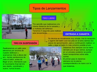 Tipos de Lanzamientos TIRO   LIBRE TIRO EN SUSPENSIÓN ENTRADA A CANASTA Su técnica es inicialmente muy simple: tras la recepción o agarre del balón (con los pies en el aire) damos dos pasos de aproximación, para a continuación realizar un salto y dejar el balón lo más próximo posible al aro. Debemos tirar siempre con la mano del lado por el que vamos, aunque en un proceso posterior se podrá hacer excepciones sobre esta norma. El primer paso lo daremos siempre con la pierna correspondiente a la mano con la que botamos . Tiro sencillo que realizamos a la misma distancia de la canasta y si molestia del defensor. Tenemos 5 segundo para realizar este lanzamiento Realizaremos un salto para elevarnos por encima de nuestro defensor y acercarnos más a altura del aro. Jamás perderemos de vista el balón, antes de llegar al aro, intentando que el movimiento final del tiro sea rápido, coordinado y suave, nunca brusco.  