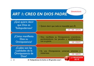 ART 1: CREO EN DIOS PADRE
• Quiere decir que nada es imposible para Él.
¿Qué quiere decir
que Dios es
Todopoderoso?
OMNIPOTENTE
CIC 268 – 269/276
• Dios manifiesta su Omnipotencia creándonos,
perdonándonos los pecados y santificándonos
con su gracia.
¿Cómo manifiesta
Dios su
Omnipotencia?
• Es una Omnipotencia universal, amorosa y
misteriosa.
¿Cuáles son las
cualidades de la
Omnipotencia de
Dios?
CIC 270/277
CIC 268/272
30
LA PROFESIÓN
DE FEEl Todopoderoso ha hecho en Mí grandes cosas".
 