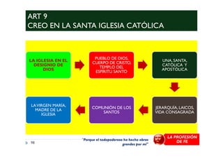 ART 9
CREO EN LA SANTA IGLESIA CATÓLICA
LA IGLESIA EN EL
DESIGNIO DE
DIOS
PUEBLO DE DIOS,
CUERPO DE CRISTO,
TEMPLO DEL
ESPÍRITU SANTO
UNA, SANTA,
CATÓLICA Y
APOSTÓLICA
JERARQUÍA, LAICOS,
VIDA CONSAGRADA
COMUNIÓN DE LOS
SANTOS
LAVIRGEN MARÍA,
MADRE DE LA
IGLESIA
98
"Porque el todopoderoso ha hecho obras
grandes por mí"
LA PROFESIÓN
DE FE
 