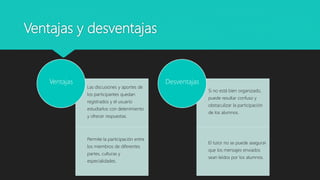 Ventajas y desventajas
Las discusiones y aportes de
los participantes quedan
registrados y el usuario
estudiarlos con detenimiento
y ofrecer respuestas.
Permite la participación entre
los miembros de diferentes
partes, culturas y
especialidades.
Ventajas
Si no está bien organizado,
puede resultar confuso y
obstaculizar la participación
de los alumnos.
El tutor no se puede asegurar
que los mensajes enviados
sean leídos por los alumnos.
Desventajas
 