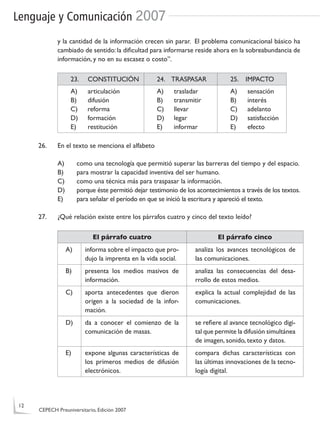 Lenguaje y Comunicación 2007
y la cantidad de la información crecen sin parar. El problema comunicacional básico ha
cambiado de sentido: la diﬁcultad para informarse reside ahora en la sobreabundancia de
información, y no en su escasez o costo”.
23. CONSTITUCIÓN 24. TRASPASAR 25. IMPACTO
A) articulación
B) difusión
C) reforma
D) formación
E) restitución
A) trasladar
B) transmitir
C) llevar
D) legar
E) informar
A) sensación
B) interés
C) adelanto
D) satisfacción
E) efecto
26. En el texto se menciona el alfabeto
A) como una tecnología que permitió superar las barreras del tiempo y del espacio.
B) para mostrar la capacidad inventiva del ser humano.
C) como una técnica más para traspasar la información.
D) porque éste permitió dejar testimonio de los acontecimientos a través de los textos.
E) para señalar el período en que se inició la escritura y apareció el texto.
27. ¿Qué relación existe entre los párrafos cuatro y cinco del texto leído?
El párrafo cuatro El párrafo cinco
A) informa sobre el impacto que pro-
dujo la imprenta en la vida social.
analiza los avances tecnológicos de
las comunicaciones.
B) presenta los medios masivos de
información.
analiza las consecuencias del desa-
rrollo de estos medios.
C) aporta antecedentes que dieron
origen a la sociedad de la infor-
mación.
explica la actual complejidad de las
comunicaciones.
D) da a conocer el comienzo de la
comunicación de masas.
se reﬁere al avance tecnológico digi-
tal que permite la difusión simultánea
de imagen, sonido, texto y datos.
E) expone algunas características de
los primeros medios de difusión
electrónicos.
compara dichas características con
las últimas innovaciones de la tecno-
logía digital.
12
CEPECH Preuniversitario, Edición 2007
 