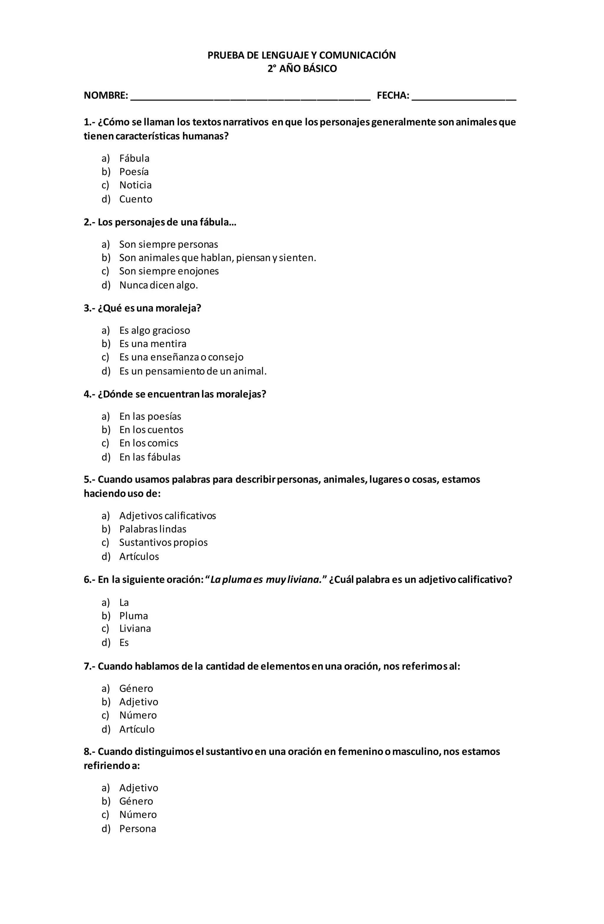 Prueba 2° básico de Lenguaje | PDF