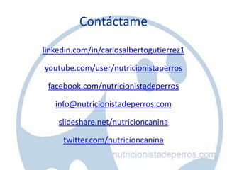Contáctame
linkedin.com/in/carlosalbertogutierrez1

youtube.com/user/nutricionistaperros

 facebook.com/nutricionistadeperros

   info@nutricionistadeperros.com

    slideshare.net/nutricioncanina

     twitter.com/nutricioncanina
 