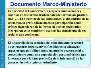 Documento Marco-Ministerio La sociedad del conocimiento requiere innovaciones y cambios en las formas tradicionales de formación, produc-ción, ..... El bienestar de los ciudadanos, el dinamismo de la economía, la profundización en la participación demo-crática dependerán de la forma en que las sociedades incorporen estos cambios y asuman las transformaciones sociales que conllevan. El desarrollo de la sociedad del conocimiento precisará de estructuras organizativas flexibles en la educación superior que posibiliten tanto un amplio acceso social al conocimiento como una capacitación personal crítica que favorezca para la interpretación de la información y la generación del propio conocimiento 