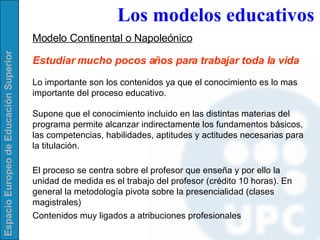 Los modelos educativos Modelo Continental o Napoleónico Estudiar mucho pocos años para trabajar toda la vida Contenidos muy ligados a atribuciones profesionales Lo importante son los contenidos ya que el conocimiento es lo mas importante del proceso educativo.  Supone que el conocimiento incluido en las distintas materias del programa permite alcanzar indirectamente los fundamentos básicos, las competencias, habilidades, aptitudes y actitudes necesarias para la titulación. El proceso se centra sobre el profesor que enseña y por ello la unidad de medida es el trabajo del profesor (crédito 10 horas). En general la metodología pivota sobre la presencialidad (clases magistrales) 