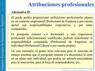 Alternativa D:   El grado podría proporcionar atribuciones profesionales plenas en un contexto empresarial (Profesional de Empresa o por cuenta ajena) con responsabilidades corporativas y por tanto compartidas. El postgrado (master y/o doctorado) y una experiencia profesional suficientemente cualificada, podrían transformar la responsabilidad compartida (Profesional de Empresa) en individual (Profesional Liberal o por cuenta propia)   En este escenario el grado sería relevante para el mercado de trabajo mientras que el postgrado  (master y/o doctorado)  lo sería en un plano más individual, que podría ser además trascendente para la innovación, para la forja de emprendedores, etc.. Atribuciones profesionales 