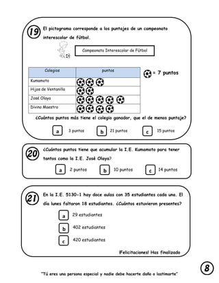 “Tú eres una persona especial y nadie debe hacerte daño o lastimarte”
El pictograma corresponde a los puntajes de un campeonato
interescolar de fútbol.
¿Cuántos puntos más tiene el colegio ganador, que el de menos puntaje?
3 puntos 21 puntos 15 puntos
¿Cuántos puntos tiene que acumular la I.E. Kumamoto para tener
tantos como la I.E. José Olaya?
2 puntos 10 puntos 14 puntos
En la I.E. 5130-1 hay doce aulas con 35 estudiantes cada una. El
día lunes faltaron 18 estudiantes. ¿Cuántos estuvieron presentes?
29 estudiantes
402 estudiantes
420 estudiantes
¡Felicitaciones! Has finalizado
Colegios puntos
Kumamoto
Hijos de Ventanilla
José Olaya
Divino Maestro
Campeonato Interescolar de Fútbol
= 7 puntos
a b c
a
b
c
a b c
 
