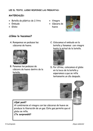 5 Cuartogrado ¡Sigue adelante!
LEE EL TEXTO, LUEGO RESPONDE LAS PREGUNTAS:
MATERIALES:
 Botella de plástico de ½ litro
 Embudo
 Globo
 Vinagre
 Cáscara de
huevo
¿Cómo lo hacemos?
A. Rompemos en pedazos las
cáscaras de huevo.
B. Ponemos los pedazos de
cáscara de huevo dentro de la
botella.
C. Colocamos el embudo en la
botella y llenamos con vinagre
hasta la mitad de la botella.
D. Por último, colocamos el globo
en la boca de la botella y
esperamos a que se infle
lentamente un día después.
¿Qué pasó?
Al combinarse el vinagre con las cáscaras de huevo se
produce la liberación de un gas. Este gas permite que el
globo se infle.
¿Te sorprendió?
 