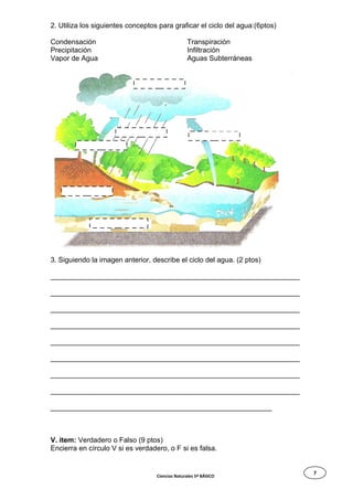 7
2. Utiliza los siguientes conceptos para graficar el ciclo del agua:(6ptos)
Condensación
Precipitación
Vapor de Agua
Transpiración
Infiltración
Aguas Subterráneas
3. Siguiendo la imagen anterior, describe el ciclo del agua. (2 ptos)
_______________________________________________________________
_______________________________________________________________
_______________________________________________________________
_______________________________________________________________
_______________________________________________________________
_______________________________________________________________
_______________________________________________________________
_______________________________________________________________
________________________________________________________
V. ítem: Verdadero o Falso (9 ptos)
Encierra en círculo V si es verdadero, o F si es falsa.
Ciencias Naturales 5º BÁSICO
 