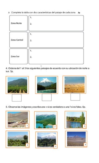 4. Ordena del 1 al 3 los siguientes paisajes de acuerdo con su ubicación de norte a
sur. 3p.
5. Observa las imágenes y escribe una v si es verdadero o una f si es falso. 6p.
3
1
6
5
4
32
3p
 