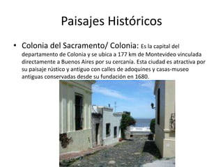Paisajes Históricos
• Colonia del Sacramento/ Colonia: Es la capital del
departamento de Colonia y se ubica a 177 km de Montevideo vinculada
directamente a Buenos Aires por su cercanía. Esta ciudad es atractiva por
su paisaje rústico y antiguo con calles de adoquines y casas-museo
antiguas conservadas desde su fundación en 1680.
