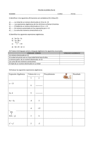 PRUEBA ALGEBRA (fila B)

NOMBRE………………………………………………………………………………………………..CURSO………………….FECHA………………

I) Identificar si las siguientes afirmaciones son verdaderas (V) o falsas (F):

a)..........La mitad de un número disminuido en 13 es 2x -13
b)………..Las expresiones algebraicas de tres términos se llaman trinomios.
c)………..El doble de un número disminuido en 12 es x -12
d)……….Un número aumentado en 8 se representa por x + 8
e)……….La suma dos números consecutivos es 2x

II) Identificar las siguientes expresiones algebraicas.

    a) 5x+ 2y – 5z
    b) 7a + 9b =
    c)          + 9=
    d) 5X + 4Y . 5Z - 6

III) Traducir de lenguaje común a lenguaje algebraico los siguientes enunciados.
                            LENGUAJE COMUN                                       LENGUAJE ALGEBRAICO
Un número disminuido en 12
Si la edad actual de Juan es X que edad tenía hace 8 años.
La tercera parte de un numero disminuida en 15
Las suma de tres números consecutivos
El triple de un numero disminuido en su mitad


IV) Evaluar las siguientes expresiones algebraicas.

Expresión Algebraica          Valores de x e y            Procedimiento                   Resultado

                                  x           y


x + 15
                                  8       -----------



2x- 4                             9       -----------



4x + 5y                          -4           5



                                 -6          -15
 x+y
  3
5(3x – y)                         3           6



x2 + y2                           5           -3
 