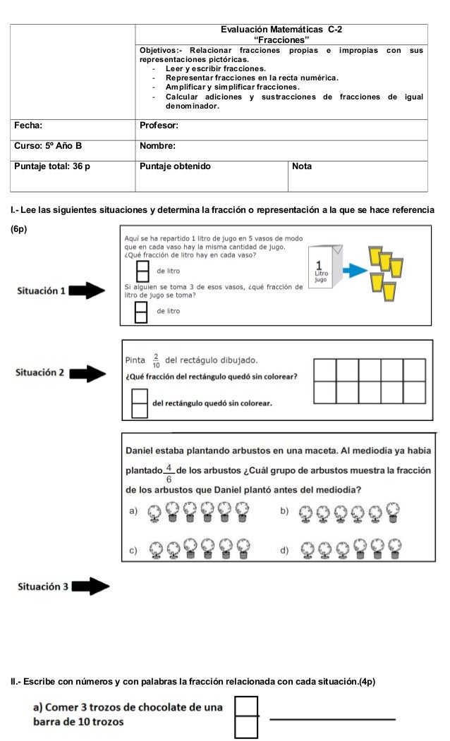 PRUEBA FRACCIONES QUINTO BASICO