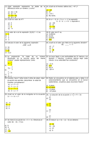 13. ¿Qué expresión representa “el doble de la
diferencia entre un número y ocho?
a) 2(x + 8)
b) 2x – 8
c) 2(x - 8)
d) 2x + 8
14. ¿Cuál es el inverso aditivo de | –47 |?
a) –47
b) 47
c) | 47 |
d) No tiene.
15. ¿Cuál es valor de 40?
a) 4
b) 0
c) 1
d) -4
16. Si a = –5, b = 3 y c = –1 la expresión
a · b – a · c + b · c equivale a:
a) –20
b) 12
c) –23
d) –17
17. El valor de x en la expresión (0,01)x = 1 es.
A 0
B 1
C 2
D 3
18. El valor de 63 es.
a) 0,00216
b) 0,216
c) 0,0216
d) 216
19. Calcula el valor de la siguiente expresión
169 9
A 16
B 52
C 39
D 13,3
20. ¿Cuál es el valor que falta en la siguiente división?
56: ____ = –7
a) –7
b) 7
c) –8
d) 8
21. La proposición “el triple de un número
disminuido en la tercera parte del mismo
número” puede representarse como:
a) 3
3
t
t 
b) 3
1
3 p
c)
s
s
3
3

d) rt 3
22. Un buzo llegó a una profundidad de 21 metros y se
demoró 7 minutos, ¿cuántos metros bajó cada
minuto si su velocidad fue constante?
a) –3 m
b) 3 m
c) 28 m
d) –28 m
23. Carolina hace 7 años tenía 3 años de edad. ¿Qué
ecuación nos permite determinar la edad de
Carolina actualmente?
a) x + 7 = 3
b) 7 – x = 3
c) x – 7 = 3
d) 3 – x = 7
24. Pedro se encuentra en el séptimo piso y debe ir al
estacionamiento que se encuentra en el tercer
subterráneo. ¿Cuántos pisos recorrerá Pedro?
a) 4 pisos
b) 10 pisos
c) –4 pisos
d) –10 pisos
25. ¿Cuál es el valor de la incógnita en la ecuación
2𝑥 − 1 = 3𝑥 + 1?
a) -4
b) -2
c) 2
d) 4
26. La solución de la ecuación 𝑥 +
4
7
= 9 − 3𝑥
a)
67
28
b)
59
28
c)
59
7
d)
67
7
27. Se tiene la ecuación 2x + 5 = 11. Entonces el
valor de –3x – 9 es:
a) 0
b) 9
c) –9
d) –18
28. Al reducir (a + b) – (a – b) se obtiene:
a) 2b
b) -2b
c) 2ª
d) 0
 