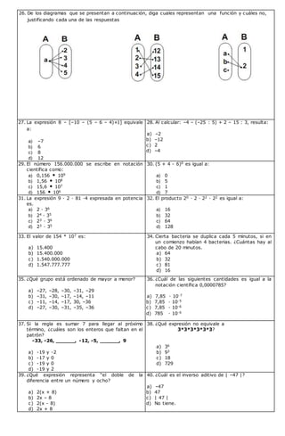 26. De los diagramas que se presentan a continuación, diga cuales representan una función y cuáles no,
justificando cada una de las respuestas
27. La expresión 8 – [–10 – (5 – 6 – 4)+1] equivale
a:
a) –7
b) 6
c) 8
d) 12
28. Al calcular: –4 – (–25 : 5) + 2 – 15 : 3, resulta:
a) –2
b) –12
c) 2
d) –4
29. El número 156.000.000 se escribe en notación
científica como:
a) 0,156  109
b) 1,56  108
c) 15,6  107
d) 156  106
30. (5 + 4 - 6)0 es igual a:
a) 0
b) 5
c) 1
d) 7
31. La expresión 9 · 2 · 81 ·4 expresada en potencia
es.
a) 2 · 36
b) 24 · 35
c) 23 · 36
d) 23 · 35
32. El producto 20 · 2 · 22 · 22 es igual a:
a) 16
b) 32
c) 64
d) 128
33. El valor de 154 * 107 es:
a) 15.400
b) 15.400.000
c) 1.540.000.000
d) 1.547.777.777
34. Cierta bacteria se duplica cada 5 minutos, si en
un comienzo habían 4 bacterias. ¿Cuántas hay al
cabo de 20 minutos.
a) 64
b) 32
c) 81
d) 16
35. ¿Qué grupo está ordenado de mayor a menor?
a) –27, –28, –30, –31, –29
b) –31, –30, –17, –14, –11
c) –11, –14, –17, 30, –36
d) –27, –30, –31, –35, –36
36. ¿Cuál de las siguientes cantidades es igual a la
notación científica 0,0000785?
a) 7,85 · 10-7
b) 7,85 · 10-5
c) 7,85 · 10-6
d) 785 · 10-6
37. Si la regla es sumar 7 para llegar al próximo
término, ¿cuáles son los enteros que faltan en el
patrón?
-33, -26, ______, -12, -5, ______, 9
a) -19 y -2
b) -17 y 0
c) -19 y 0
d) -19 y 2
38. ¿Qué expresión no equivale a
3*3*3*3*3*3?
a) 36
b) 93
c) 18
d) 729
39. ¿Qué expresión representa “el doble de la
diferencia entre un número y ocho?
a) 2(x + 8)
b) 2x – 8
c) 2(x - 8)
d) 2x + 8
40. ¿Cuál es el inverso aditivo de | –47 |?
a) –47
b) 47
c) | 47 |
d) No tiene.
 