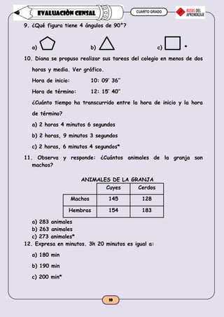 CUARTO GRADO
10
EVALUACIÒN CENSAL
9. ¿Qué figura tiene 4 ángulos de 90°?
a) b) c) *
10. Diana se propuso realizar sus tareas del colegio en menos de dos
horas y media. Ver gráfico.
Hora de inicio: 10: 09’ 36’’
Hora de término: 12: 15’ 40’’
¿Cuánto tiempo ha transcurrido entre la hora de inicio y la hora
de término?
a) 2 horas 4 minutos 6 segundos
b) 2 horas, 9 minutos 3 segundos
c) 2 horas, 6 minutos 4 segundos*
11. Observa y responde: ¿Cuántos animales de la granja son
machos?
ANIMALES DE LA GRANJA
Cuyes Cerdos
Machos 145 128
Hembras 154 183
a) 283 animales
b) 263 animales
c) 273 animales*
12. Expresa en minutos. 3h 20 minutos es igual a:
a) 180 min
b) 190 min
c) 200 min*
 