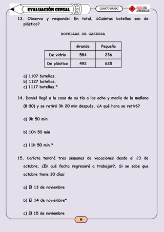 CUARTO GRADO
11
EVALUACIÒN CENSAL
13. Observa y responde: En total, ¿Cuántas botellas son de
plástico?
BOTELLAS DE GASEOSA
Grande Pequeño
De vidrio 584 236
De plástico 492 625
a) 1107 botellas.
b) 1127 botellas.
c) 1117 botellas.*
14. Daniel llegó a la casa de su tía a las ocho y media de la mañana
(8:30) y se retiró 3h 20 min después. ¿A qué hora se retiró?
a) 9h 50 min
b) 10h 50 min
c) 11h 50 min *
15. Carlota tendrá tres semanas de vacaciones desde el 23 de
octubre. ¿En qué fecha regresará a trabajar?, Si se sabe que
octubre tiene 30 días:
a) El 13 de noviembre
b) El 14 de noviembre*
c) El 15 de noviembre
 