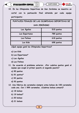 CUARTO GRADO
16
EVALUACIÒN CENSAL
10. En las Olimpiadas Deportivas de San Jerónimo se muestra un
cartel con la puntuación final obtenida por cada equipo
participante:
PUNTAJES FINALES DE LAS OLIMPIADAS DEPORTIVAS DE
SAN JERÓNIMO
Las Águilas 515 puntos
Los Espartanos 789 puntos
Los Felinos 618 puntos
Los Kids 698 puntos
¿Qué equipo ganó las Olimpiadas Deportivas?
a) Los Kids
b) Los Espartanos*
c) Las Águilas
d) Los Felinos
11. De acuerdo al problema anterior. ¿Por cuántos puntos ganó el
equipo que ocupó el primer puesto al segundo puesto?
a) 90 puntos
b) 91 puntos*
c) 92 puntos
d) 93 puntos
12. Una fábrica de caramelos siempre arma bolsas de 100 caramelos
cada una. Con 1 999 caramelos. ¿Cuántas bolsas armará?
a) 18 bolsas
b) 19 bolsas*
c) 20 bolsas
d) 21 bolsas
 
