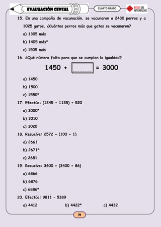 CUARTO GRADO
23
EVALUACIÒN CENSAL
15. En una campaña de vacunación, se vacunaron a 2430 perros y a
1025 gatos. ¿Cuántos perros más que gatos se vacunaron?
a) 1305 más
b) 1405 más*
c) 1505 más
16. ¿Qué número falta para que se cumplan la igualdad?
1450 + = 3000
a) 1450
b) 1500
c) 1550*
17. Efectúa: (1345 + 1135) + 520
a) 3000*
b) 3010
c) 3020
18. Resuelve: 2572 + (100 - 1)
a) 2661
b) 2671*
c) 2681
19. Resuelve: 3400 + (3400 + 86)
a) 6866
b) 6876
c) 6886*
20. Efectúa: 9811 – 5389
a) 4412 b) 4422* c) 4432
 
