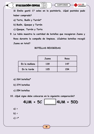 CUARTO GRADO
39
EVALUACIÒN CENSAL
Si Emilio gastó 17 soles en la pastelería, ¿Qué pasteles pudo
haber comprado?
a) Torta, Budín y Turrón*
b) Budín, Queque y Turrón
c) Queque, Turrón y Torta
9. La tabla muestra la cantidad de botellas que recogieron Juana y
Rosa durante la campaña de limpieza. ¿Cuántas botellas recogió
Juana en total?
BOTELLAS RECOGIDAS
Juana Rosa
En la mañana 139 147
En la tarde 125 154
a) 264 botellas*
b) 274 botellas
c) 254 botellas
10. ¿Qué signo debe colocarse en la siguiente comparación?
4UM + 5C 4UM + 50D
a) >
b) <
c) =*
 