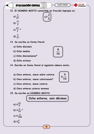 CUARTO GRADO
51
EVALUACIÒN CENSAL
12. El NÚMERO MIXTO convertido en fracción impropia es:
a)
𝟓
𝟖𝟕
b)
𝟕𝟕
𝟓
c)
𝟖𝟕
𝟓
*
d)
𝟓
𝟕𝟕
13. Se escribe en forma literal:
a) Ocho dieciseis
b) Ocho medios
c) Ocho dieciseisavos*
d) Ocho octavos
14. Escribe en forma literal el siguiente número mixto:
a) Cinco enteros, nueve sobre catorce
b) Cinco enteros, nueve catorceavos*
c) Cinco enteros, nueve catorce
d) Cinco enteros catorce novenos
15. Se escribe en NÚMERO MIXTO:
Ocho enteros, seis décimos
a) 𝟖
𝟏𝟎
𝟔
b) 𝟖
𝟔
𝟏𝟎
*
c) 𝟖
𝟔
𝟏𝟎𝟎
d) 𝟖
𝟔
𝟔
𝟏𝟕
𝟐
𝟓
𝟖
𝟏𝟔
𝟓
𝟗
𝟏𝟒
 