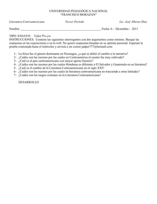 UNIVERSIDAD PEDAGÓGICA NACIONAL
                                      “FRANCISCO MORAZÁN”

Literatura Centroamericana     ...