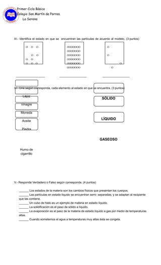 Primer Ciclo Básico
Colegio San Martín de Porres.
La Serena
III.- Identifica el estado en que se encuentran las partículas de acuerdo al modelo. (3 puntos)
O O O
O O
O O
OOOOOOO
OOOOOOO
OOOOOOO
OOOOOOO
O
O
O O O OOOOOOO O
OOOOOOO O
__________________ _________________ _________________
IV.- Une según corresponda, cada elemento al estado en que se encuentra. (3 puntos)
Lápiz
Vinagre
Moneda
Aceite
Piedra
SÓLIDO
LÍQUIDO
GASEOSO
Humo de
cigarrillo
V.- Responde Verdadero o Falso según corresponda. (4 puntos)
______ Los estados de la materia son los cambios físicos que presentan los cuerpos.
______ Las partículas en estado líquido se encuentran semi- separadas; y se adaptan al recipiente
que las contiene.
______ Un cubo de hielo es un ejemplo de materia en estado líquido.
______ La solidificación es el paso de sólido a líquido.
______ La evaporación es el paso de la materia de estado líquido a gas por medio de temperaturas
altas.
______ Cuando sometemos el agua a temperaturas muy altas ésta se congela.
 