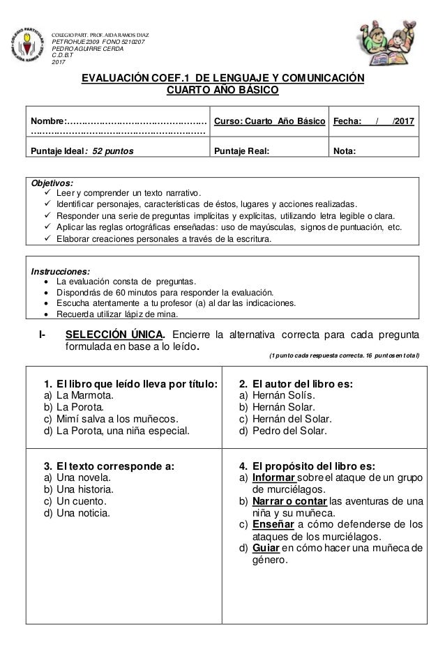 Prueba Coef 2 De Lenguaje Cuarto La Porota
