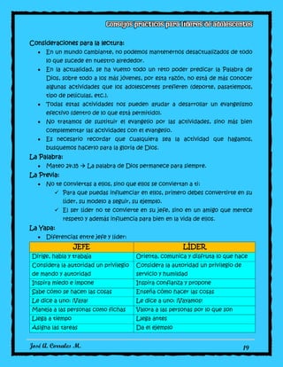 José A. Corrales M. 19
Consideraciones para la lectura:
En un mundo cambiante, no podemos mantenernos desactualizados de todo
lo que sucede en nuestro alrededor.
En la actualidad, se ha vuelto todo un reto poder predicar la Palabra de
Dios, sobre todo a los más jóvenes, por esta razón, no está de más conocer
algunas actividades que los adolescentes prefieren (deporte, pasatiempos,
tipo de películas, etc.).
Todas estas actividades nos pueden ayudar a desarrollar un evangelismo
efectivo (dentro de lo que está permitido).
No tratamos de sustituir el evangelio por las actividades, sino más bien
complementar las actividades con el evangelio.
Es necesario recordar que cualquiera sea la actividad que hagamos,
busquemos hacerlo para la gloria de Dios.
La Palabra:
Mateo 24:35  La palabra de Dios permanece para siempre.
La Previa:
No te conviertas a ellos, sino que ellos se conviertan a ti:
 Para que puedas influenciar en ellos, primero debes convertirte en su
líder, su modelo a seguir, su ejemplo.
 El ser líder no te convierte en su jefe, sino en un amigo que merece
respeto y además influencia para bien en la vida de ellos.
La Yapa:
Diferencias entre jefe y líder:
JEFE LÍDER
Dirige, habla y trabaja Orienta, comunica y disfruta lo que hace
Considera la autoridad un privilegio
de mando y autoridad
Considera la autoridad un privilegio de
servicio y humildad
Inspira miedo e impone Inspira confianza y propone
Sabe cómo se hacen las cosas Enseña cómo hacer las cosas
Le dice a uno: ¡Vaya! Le dice a uno: ¡Vayamos!
Maneja a las personas como fichas Valora a las personas por lo que son
Llega a tiempo Llega antes
Asigna las tareas Da el ejemplo
 