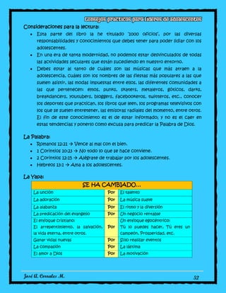 José A. Corrales M. 52
Consideraciones para la lectura:
Esta parte del libro la he titulado ‘1000 oficios’, por las diversas
responsabilidades y conocimientos que debes tener para poder lidiar con los
adolescentes.
En una era de tanta modernidad, no podemos estar desvinculados de todas
las actividades seculares que están sucediendo en nuestro entorno.
Debes estar al tanto de cuáles son las músicas que más atraen a la
adolescencia, cuáles son los nombres de las fiestas más populares a las que
suelen asistir, las modas impuestas entre ellos, las diferentes comunidades a
las que pertenecen: emos, punks, skaters, metaleros, góticos, darks,
breakdancers, youtubers, bloggers, facebookeros, twitteros, etc., conocer
los deportes que practican, los libros que leen, los programas televisivos con
los que se suelen entretener, las emisoras radiales del momento, entre otros.
El fin de este conocimiento es el de estar informado; y no es el caer en
estas tendencias y ponerlo como excusa para predicar la Palabra de Dios.
La Palabra:
Romanos 12:21  Vence al mal con el bien.
1 Corintios 10:23  No todo lo que se hace conviene.
2 Corintios 12:15  Alégrate de trabajar por los adolescentes.
Hebreos 13:1  Ama a los adolescentes.
La Yapa:
SE HA CAMBIADO…
La unción Por El talento
La adoración Por La música suave
La alabanza Por El ritmo y la diversión
La predicación del evangelio Por Un negocio rentable
El enfoque cristiano:
El arrepentimiento, la salvación,
la vida eterna, entre otros.
Por
Un enfoque egocéntrico:
Tú lo puedes hacer, Tú eres un
campeón, Prosperidad, etc.
Ganar vidas nuevas Por Solo realizar eventos
La compasión Por La lástima
El amor a Dios Por La motivación
 