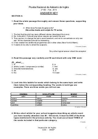 Prueba Nacional de Adelanto de Inglés
                                       2º BD - Feb. 2013
                                      ANSWER KEY
SECTION A

1. Read the whole passage thoroughly and answer these questions, supporting
  your ideas.

               0. What does Pamela Douglas write?
                 She writes books and scripts for TV series.

1. The fact that the plot has many different stories (developed from one).
2. No, it shouldn’t. It should stop when viewers can predict the end.
3. They are two: to change the set to avoid boredom, and not to concentrate on only one
   star. All the characters should be interesting.
4. It has created two additional programmes set in other cities (New York & Miami).
5. It seems to be only to arrest the suspects.
                                                                                / 10 marks (2 each)


                                                *Any other logical answer should be accepted.


2. Read this passage very carefully and fill each blank with only ONE word.

(0)__about___
1. of                                                 6. in
2. artists / poets / composers (or similar)           7. first
3. show/demonstrate/know                              8. one
4. we                                                 9. is
5. the                                                10. been
                                                                                / 10 marks (1 each)




3. Look into this bubble for words which belong to the same topic and write
   them below the corresponding heading. The words in bold type are
   examples. There are three words you will not use.


            CINEMA                         SCULPTURE                        MUSIC
             actor                            model                         melody
scene                            stone                           rhythm
screen                           marble                          lyrics
plot                             shape                           composer
subtitles                        exhibit                         notes
                                                                               / 6 marks (1/2 each)




4. Write a short article for your school magazine describing an artistic event
   you have recently attended. Use 80 - 100 words. It must be ONE of the three
   types mentioned in the previous activity. You must use at least THREE of
   the words included in that particular category.
                                                                                        / 9 marks



                                   Inspección de Inglés                                          1
                                        CES - ANEP
 