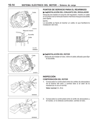 SISTEMA ELÉCTRICO DEL MOTOR – Sistema de carga16-14
PUNTOS DE SERVICIO PARA EL REARMADO
"AA INSTALACIÓN DEL CONJUNTO DEL REGULADOR
Después de instalar el conjunto del regulador, inserte un cable
en el orificio de la ménsula trasera mientras empuja la escobilla
para fijarla.
NOTA
La escobilla se fijará al insertar un cable, lo que facilitará la
instalación del rotor.
"BA INSTALACIÓN DEL ROTOR
Después de instalar el rotor, retire el cable utilizado para fijar
la escobilla.
INSPECCIÓN
COMPROBACIÓN DEL ROTOR
1. Compruebe la continuidad entre los anillos de abrazadera
de la bobina del rotor, y cambie éste si el valor de la
resistencia no es el normal.
Valor normal: 3 – 5 Ω
2. Compruebe la continuidad entre el anillo de abrazadera y
el núcleo; si no detecta continuidad, cambie el rotor.
Cable
Ménsula trasera
Escobilla
Cable
Cable
 