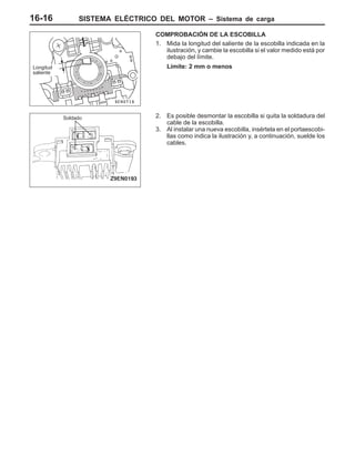 SISTEMA ELÉCTRICO DEL MOTOR – Sistema de carga16-16
COMPROBACIÓN DE LA ESCOBILLA
1. Mida la longitud del saliente de la escobilla indicada en la
ilustración, y cambie la escobilla si el valor medido está por
debajo del límite.
Límite: 2 mm o menos
2. Es posible desmontar la escobilla si quita la soldadura del
cable de la escobilla.
3. Al instalar una nueva escobilla, insértela en el portaescobi-
llas como indica la ilustración y, a continuación, suelde los
cables.
Longitud
saliente
Soldado
 
