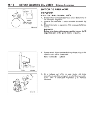SISTEMA ELÉCTRICO DEL MOTOR – Sistema de arranque16-18
MOTOR DE ARRANQUE
INSPECCIÓN
AJUSTE DE LA HOLGURA DEL PIÑÓN
1. Desconecte el cable de la bobina de campo del terminal M
del interruptor magnético.
2. Conecte una batería de 12 voltios entre los terminales S y
M.
3. Sitúe el interruptor en la posición “ON” para que el piñón se
mueva.
Precaución
Esta prueba debe realizarse con rapidez (menos de 10
segundos) para evitar que la bobina se queme.
4. Compruebe la distancia entre el piñón y el tope (holgura del
piñón) con un calibre de espesor.
Valor normal: 0,5 – 2,0 mm
5. Si la holgura del piñón no está dentro del límite
especificado, ajústela agregando o quitando empaqueta-
duras entre el interruptor magnético y la ménsula
delantera.
S
Interruptor
Batería
Cable de la bo-
bina de campo
B M
Tope
Holgura del piñón
Piñón
 