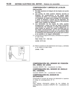 SISTEMA ELÉCTRICO DEL MOTOR – Sistema de encendido16-30
COMPROBACIÓN Y LIMPIEZA DE LA BUJÍA
PRECAUCIÓN
1. No debe ajustarse la holgura de las bujías con punta
de iridio
2. Las puntas de iridio podrían dañarse durante la
limpieza. En consecuencia, si las bujías están
cubiertas de hollín y es necesario limpiarlas, utilice
un limpiador de bujías para proteger los terminales,
y limite la limpieza a menos de 20 segundos. En
ninguna circunstancia deben utilizarse herramientas
tales como cepillos de alambre.
3. Los terminales de las bujías de iridio pueden
ennegrecerse, a pesar de que las bujías funcionen
normalmente. No obstante, el hollín depositado en
estas bujías se quema con mayor facilidad que en
las bujías convencionales, por lo que normalmente
este ennegrecimiento no suele ser un problema. Mida
la resistencia del aislamiento de la bujía para evaluar
si es posible o no seguir utilizándola.
(1) Compruebe la holgura de la bujía y cámbiela si es superior
al valor límite.
Valor límite: 0,5 – 0,6 mm
Límite: 0,75 mm
(2) Mida la resistencia del aislamiento de la bujía, y cámbiela
si es inferior al valor límite.
Límite: 1 MΩ
COMPROBACIÓN DEL SENSOR DE POSICIÓN
DEL ÁRBOL DE LEVAS
Consulte GRUPO 13A – Localización de fallas.
COMPROBACIÓN DEL SENSOR DE ÁNGULO
DEL CIGÜEÑAL
Consulte GRUPO 13A – Localización de fallas.
COMPROBACIÓN DEL SENSOR DE
DETONACIÓN
Compruebe el circuito del sensor de detonación si aparece
el código de autodiagnóstico Nº 31.
NOTA
Para obtener información acerca de los códigos de
autodiagnóstico, consulte el GRUPO 13A – Localización de
fallas.
 